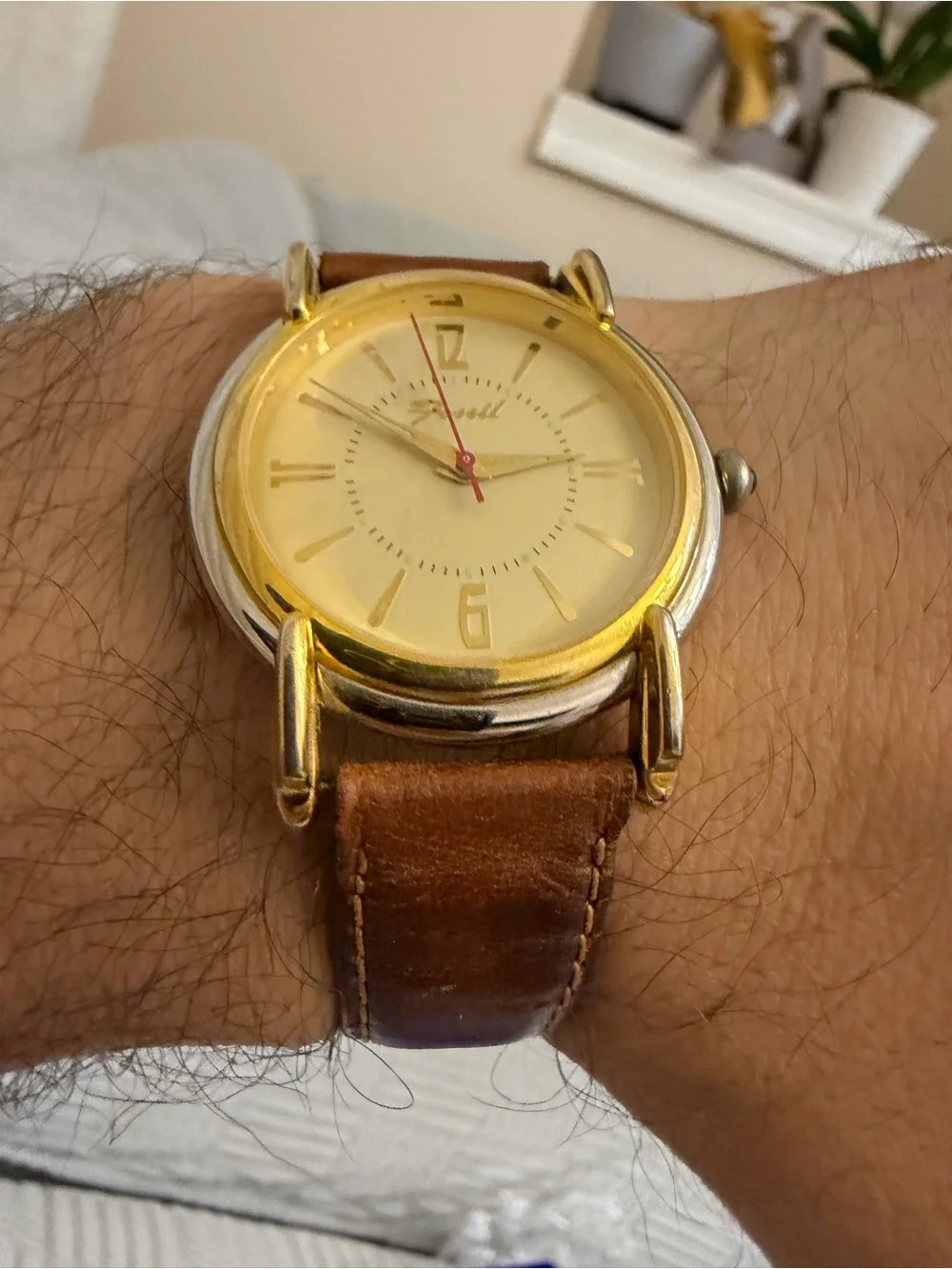 Vintage 90s Fossil RM2514 Watch Two Tone Gold T Bar Lugs Leather New Battery